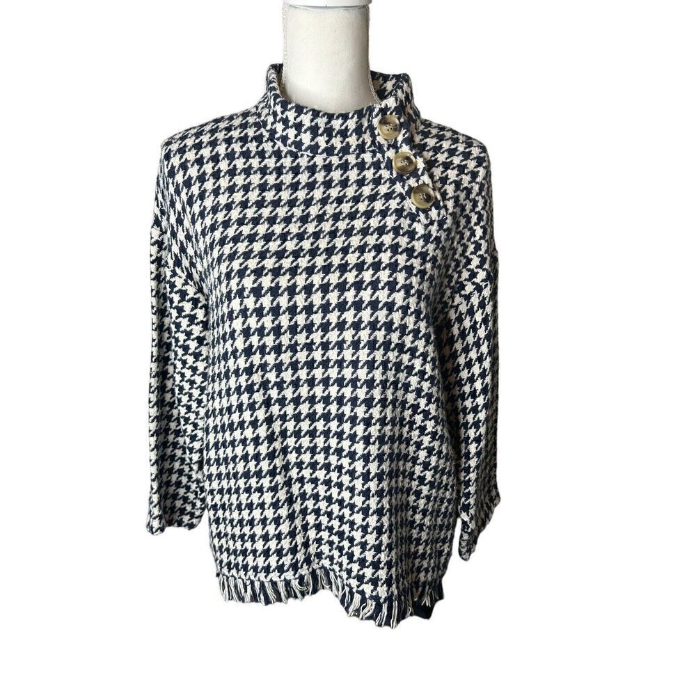 ZARA Blue & White Houndstooth High Neck Sweater Top Sz XS